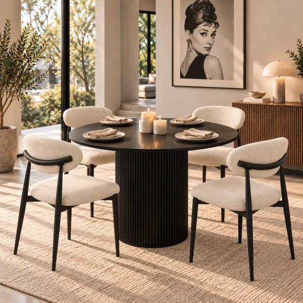 Montreal 5 Piece Round Dining Set | Black Table & Beige Fabric Chairs