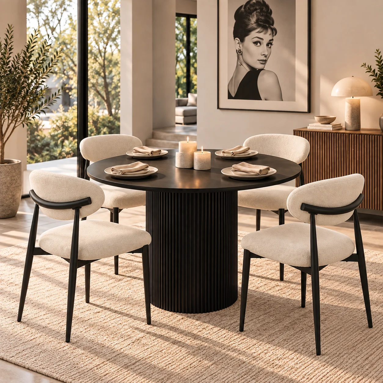 Montreal 5 Piece Round Dining Set | Black Table & Beige Fabric Chairs