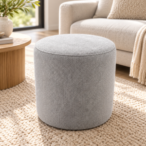Grey Fabric Round Ottoman | Modern Upholstered Footstool