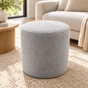 Grey Fabric Round Ottoman | Modern Upholstered Footstool