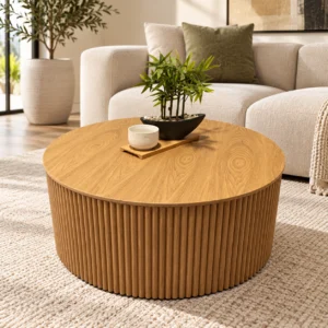 Ridge Round Coffee Table with Storage | Natural