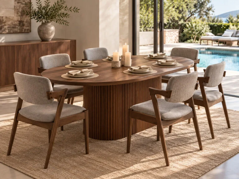 Oval walnut dining table with a fluted pedestal base and six upholstered timber armchairs